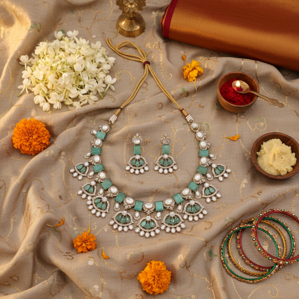 Turquoise gemstone jewelry flat lay with cultural elements