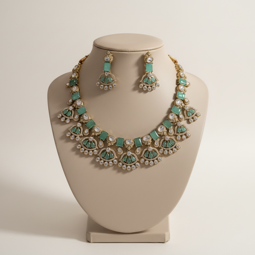Turquoise gemstone jewelry set on mannequin display