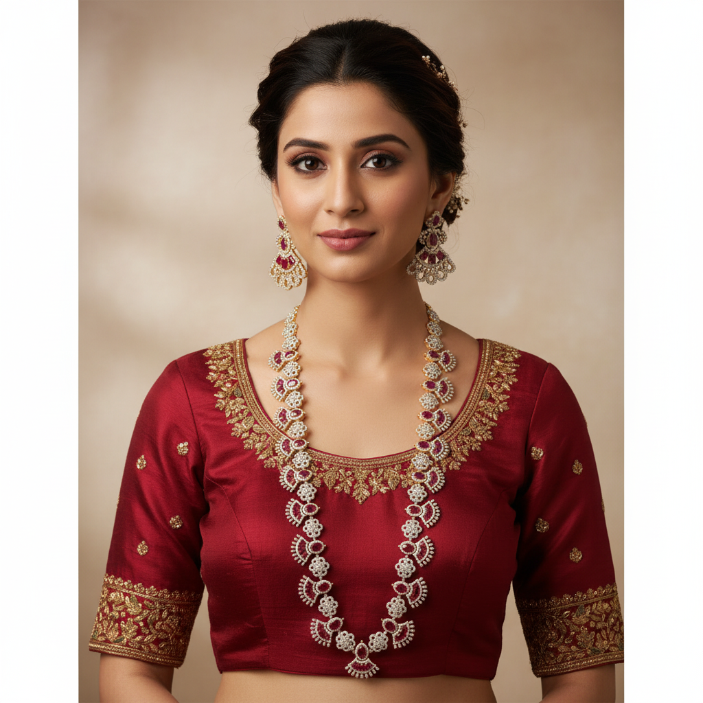 CZ Diamond & Ruby Fan Motif Long Haram Necklace Set | 24K Gold Plated Bridal Jewelry with Earrings