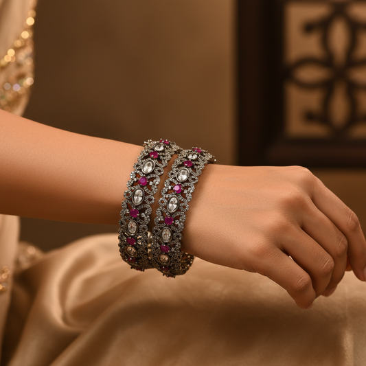 Victorian American Diamond Ruby Bangles Model Wear