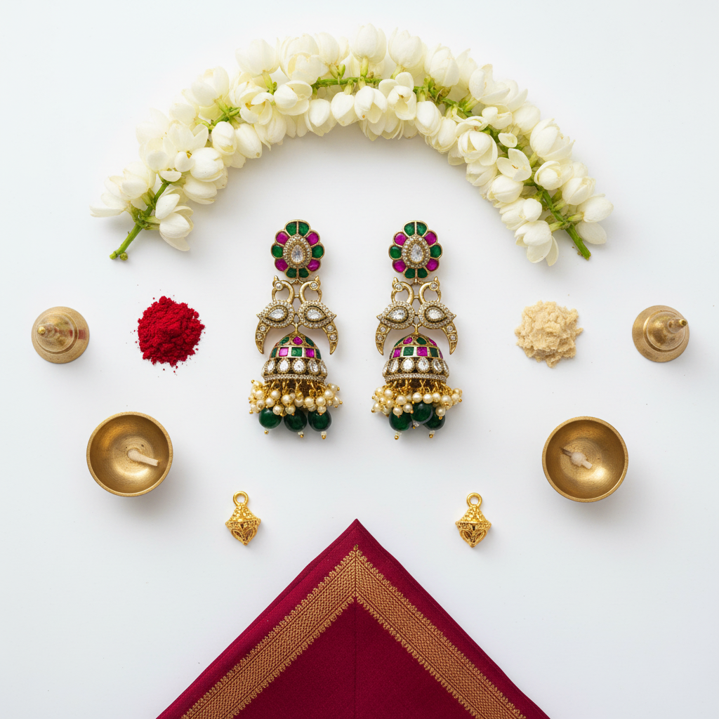 Victorian CZ Peacock Jhumka Earrings Cultural Flat Lay