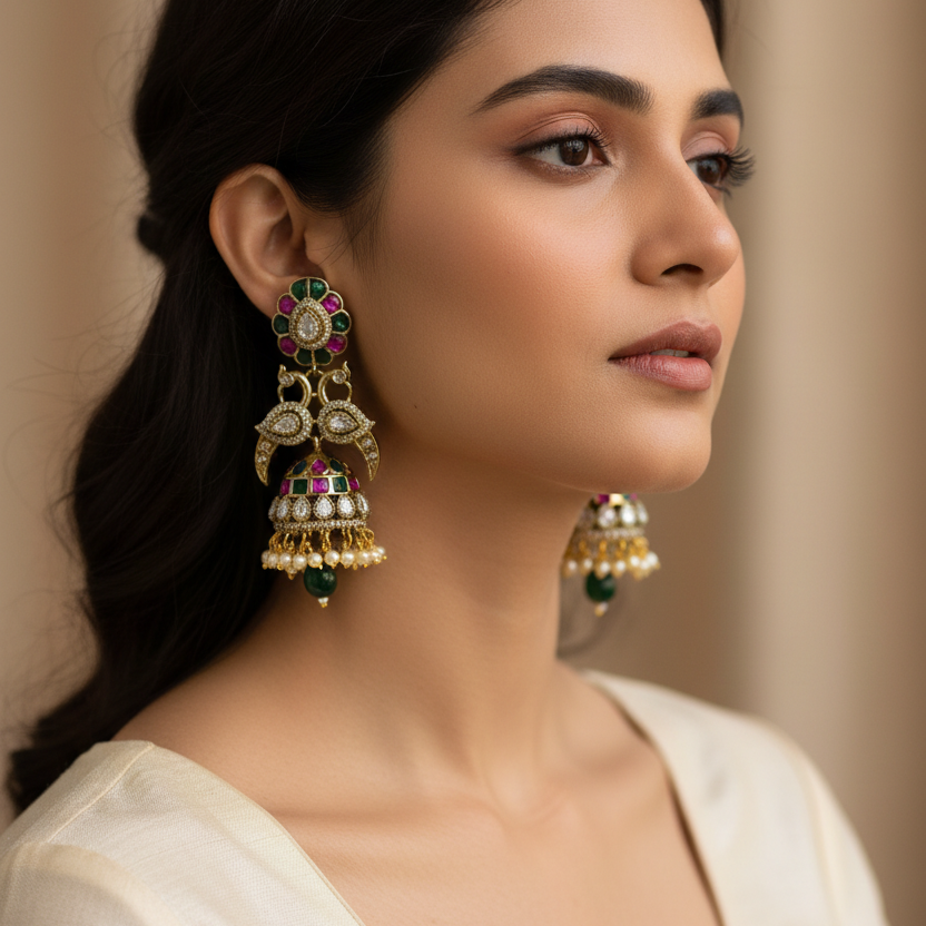 Victorian CZ Peacock Jhumka Earrings Model Lifestyle