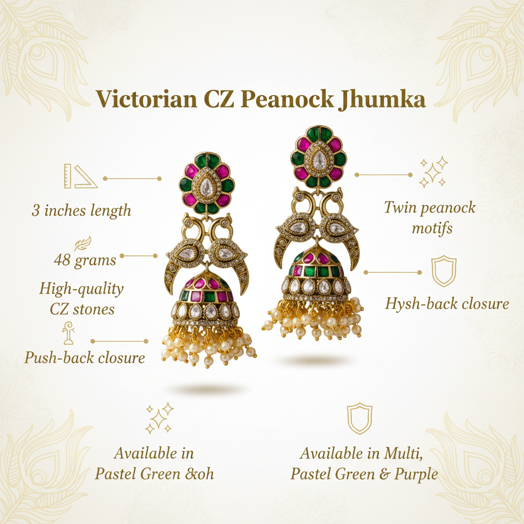 Victorian CZ Peacock Jhumka Earrings Specifications