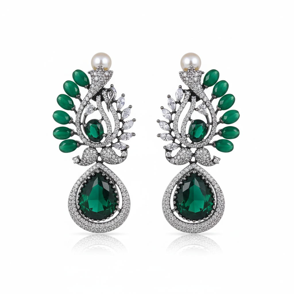 Victorian CZ Pearl Top Drop Earrings - Emerald Green - White Background