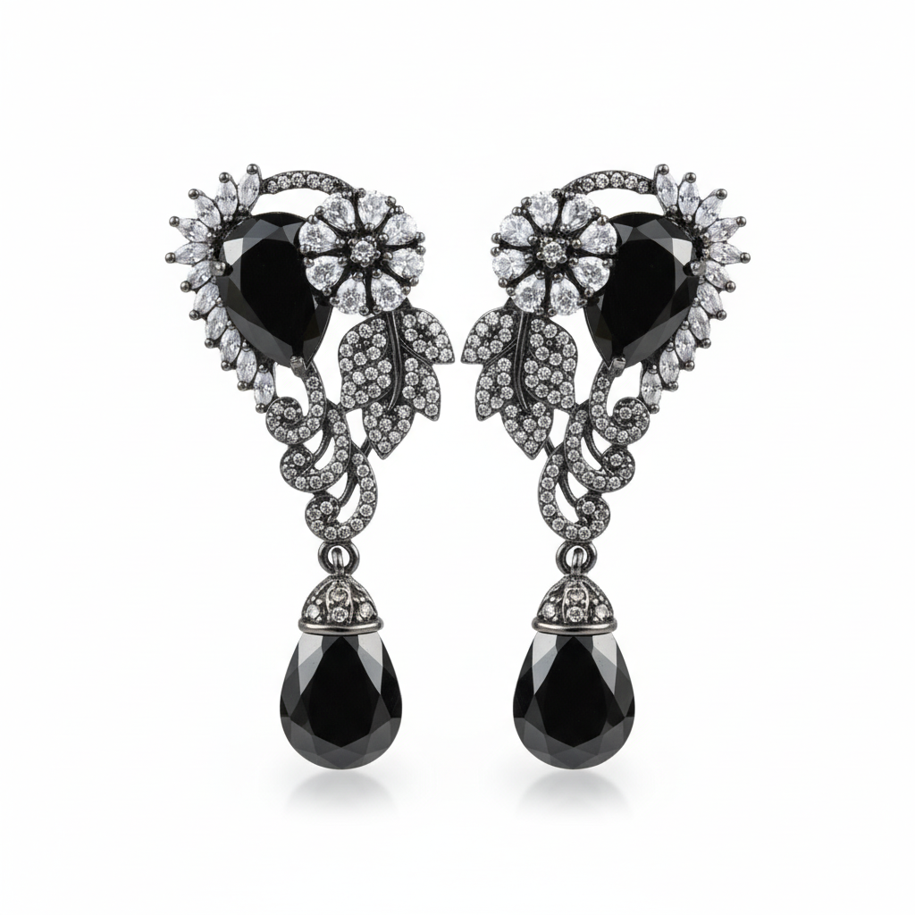 Victorian Floral Wing Earrings - Black - White BG