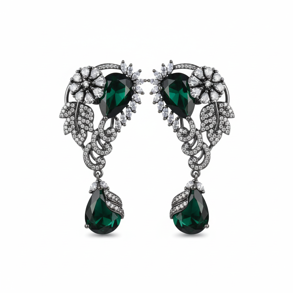 Victorian Floral Wing Earrings - Green - White BG