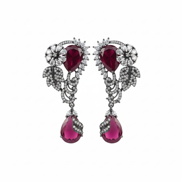Victorian Floral Wing Earrings - Ruby Red - White BG