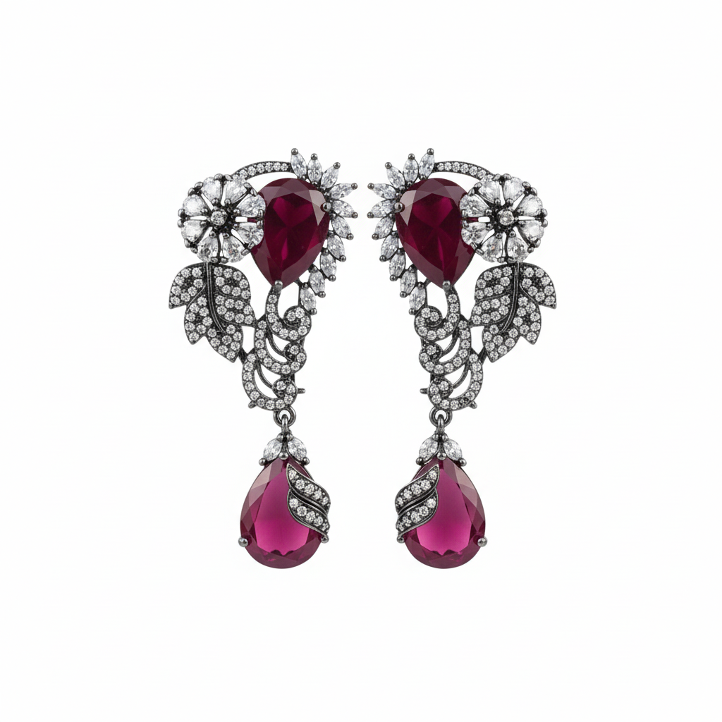 Victorian Floral Wing Earrings - Ruby Red - White BG