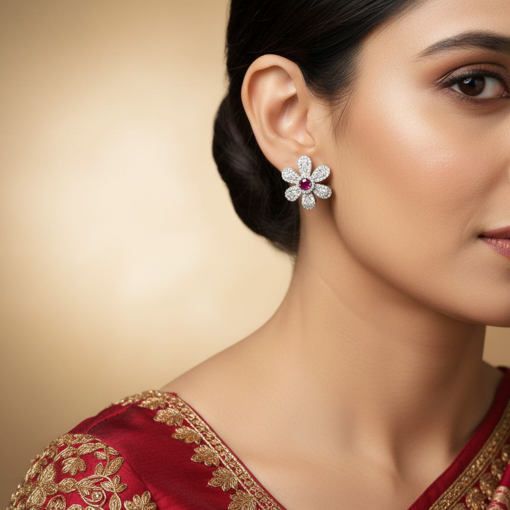  Victorian Ruby Flower Stud Earrings