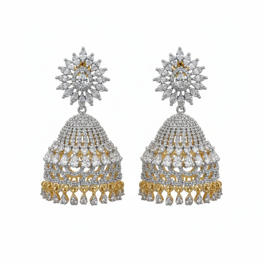 White Background - American Diamond Sunburst Jhumka