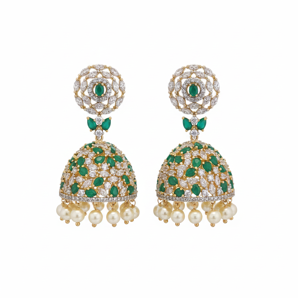 White Background - CZ Emerald Pearl Jhumka
