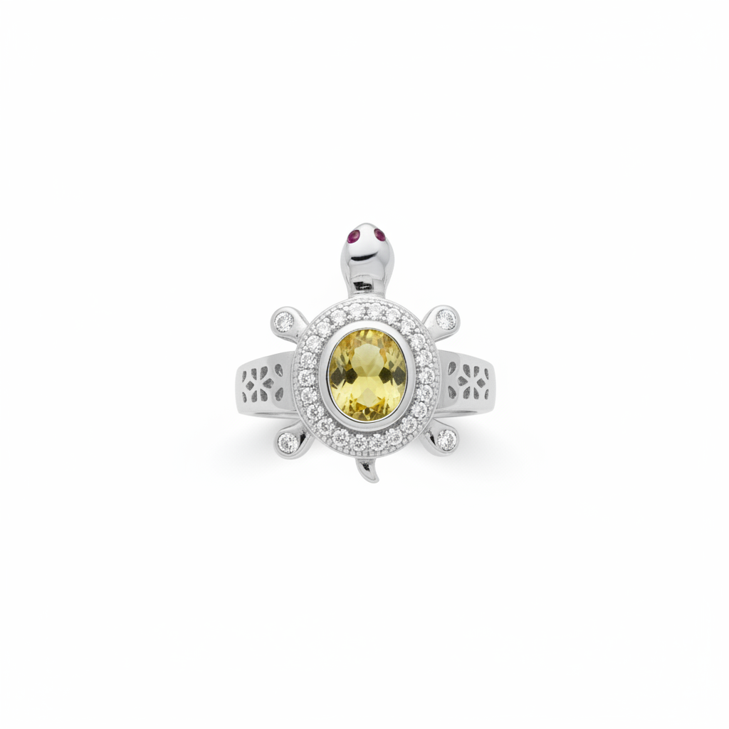 White background flat lay yellow citrine turtle ring
