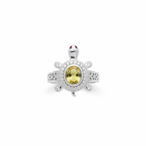 White background flat lay yellow citrine turtle ring