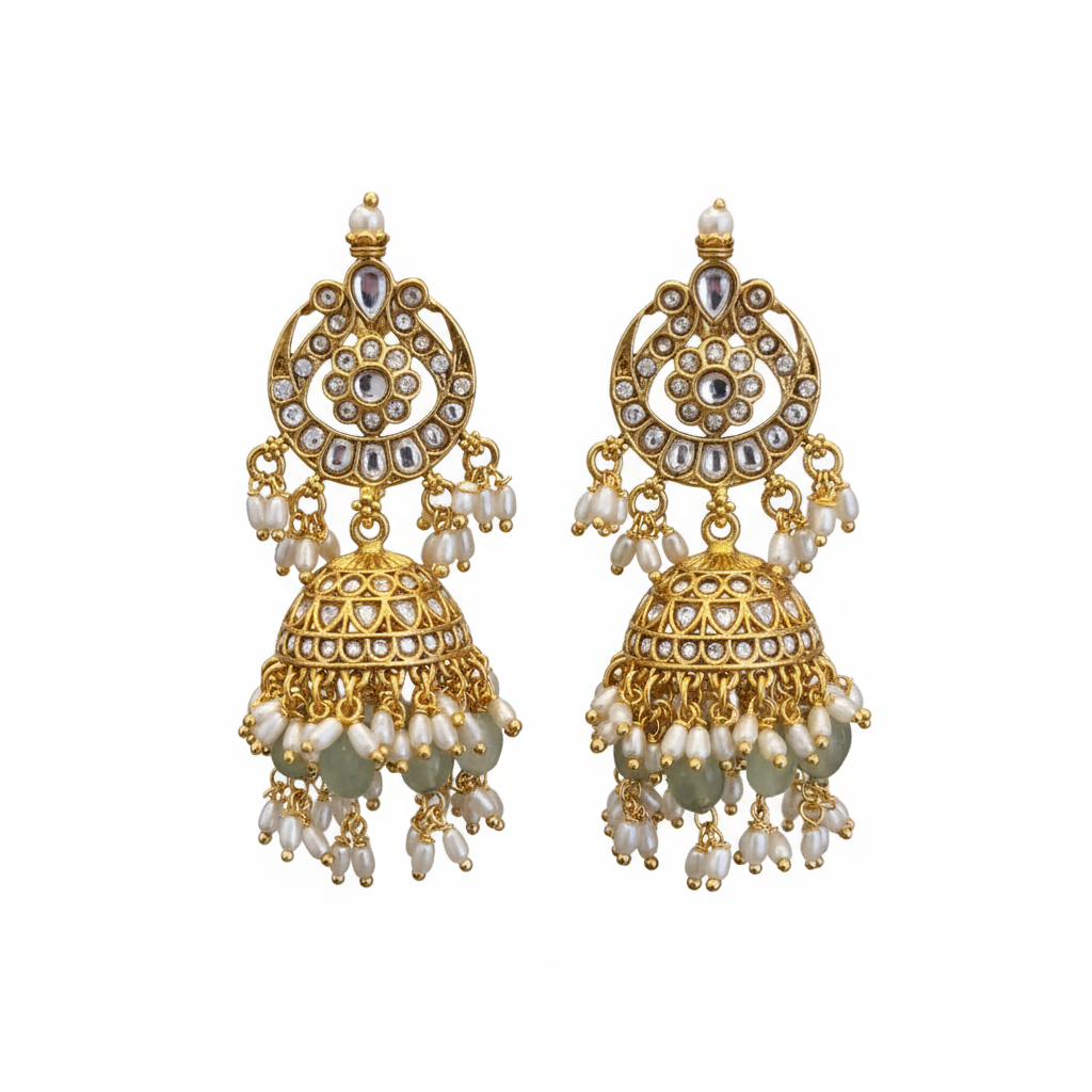 White Background - Gold Polki Chandbali Jhumka