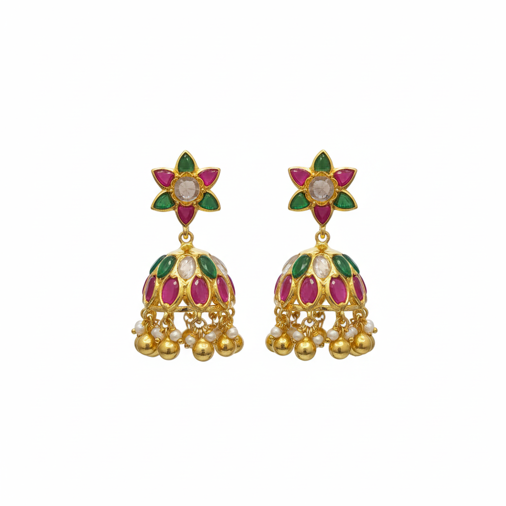 White Background – Kundan Emerald Polki Jhumka