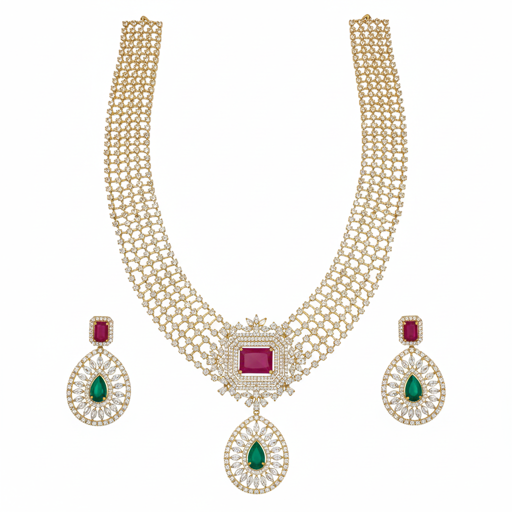 White background temple jewelry necklace set