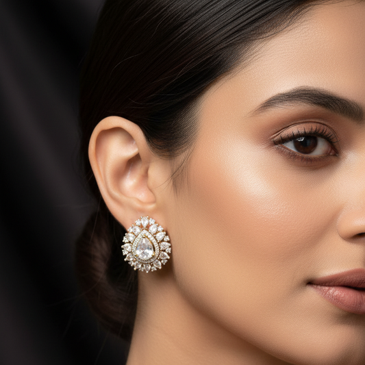 White Crystal AD Stud Earrings - Model Wear