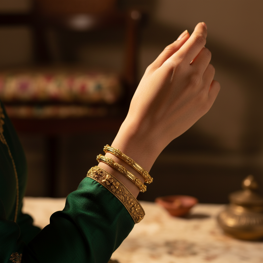 Woman wearing 24K gold plated textured bangles