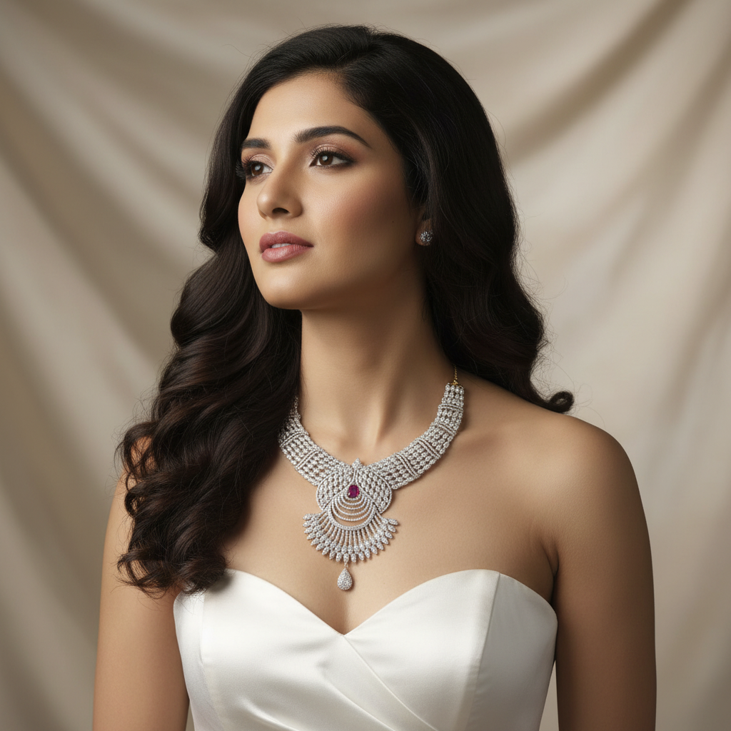 Woman wearing Bridal American Diamonds Necklace