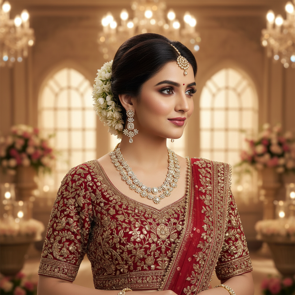 Woman wearing Double Layer American Diamond Necklace Set