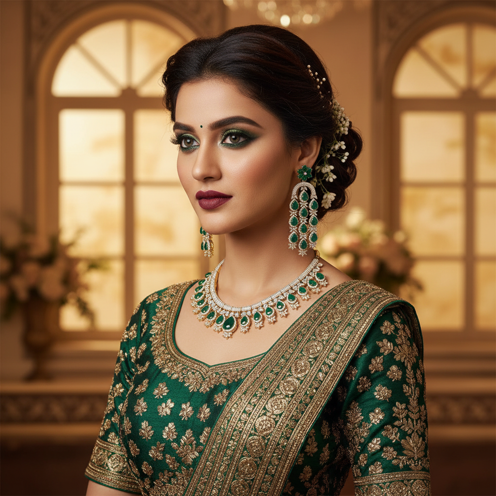 Woman Wearing Emerald Necklace Full View