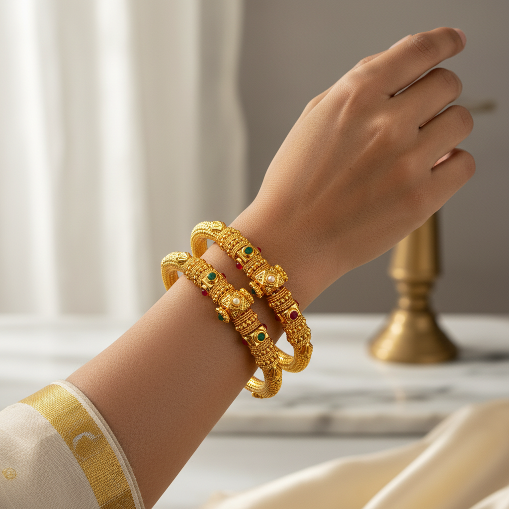 Woman wearing One Gram Gold Kankanalu Bangles