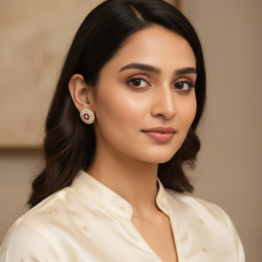 Woman wearing panchaloha kammalu studs