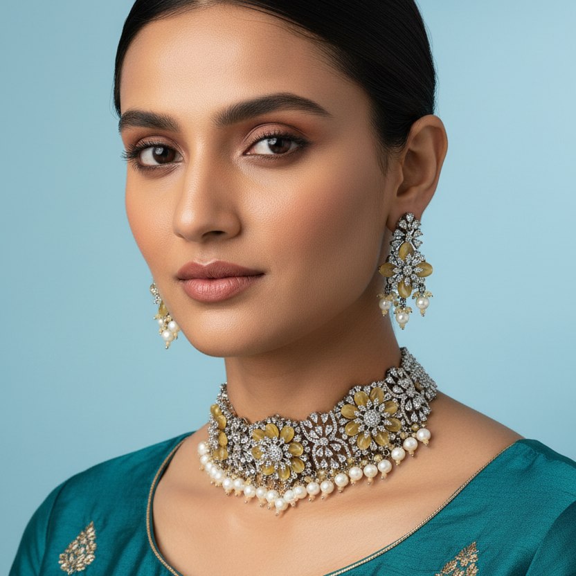 Yellow Victorian American Diamond Choker Set with Beads 