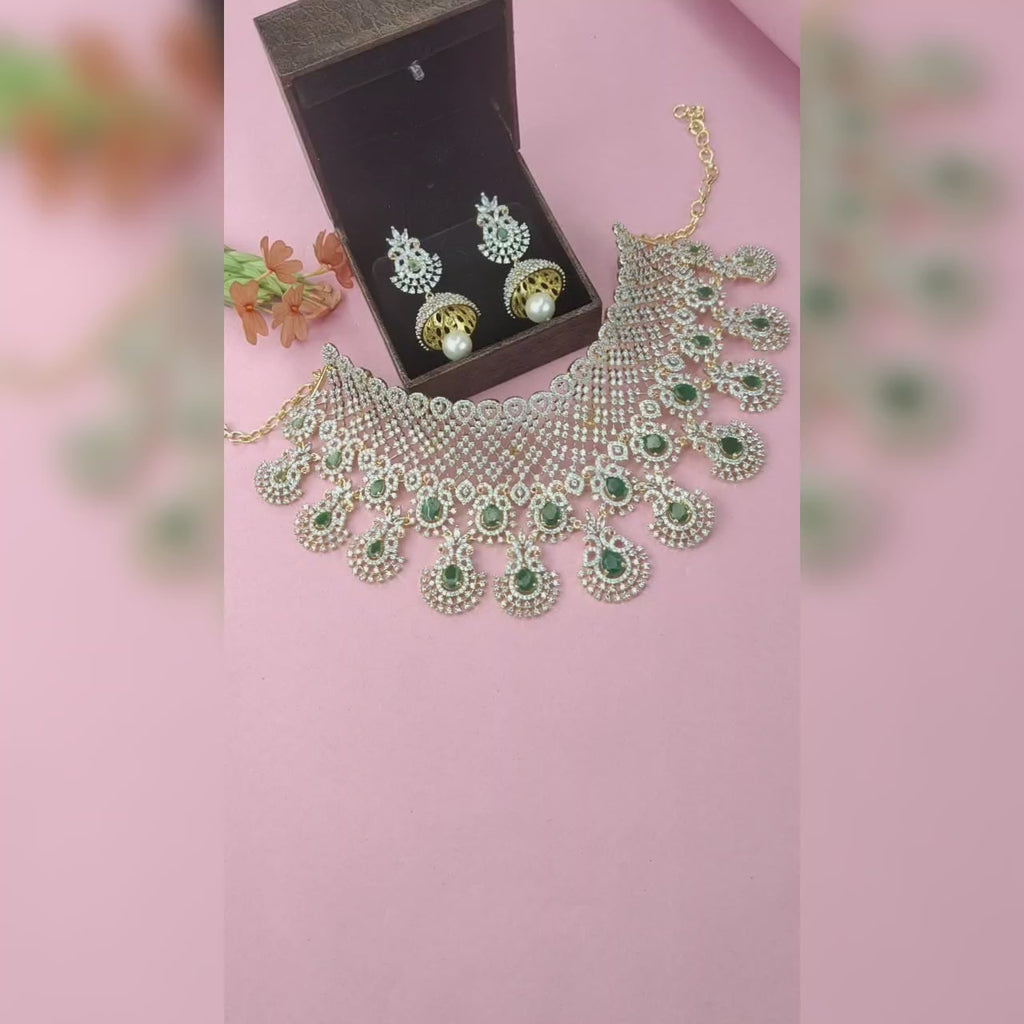 Fantasy Emerald American Diamond Choker Set - Royal Ovals Gold Plated
