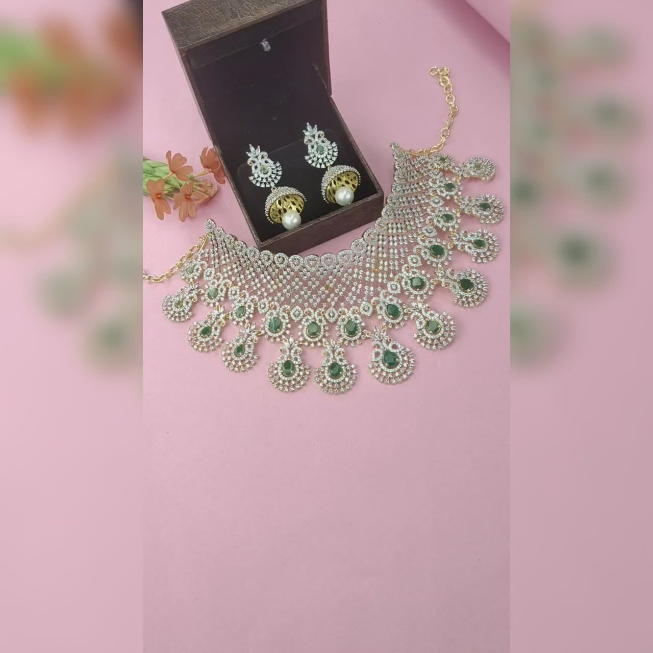 Fantasy Emerald American Diamond Choker Set - Royal Ovals Gold Plated