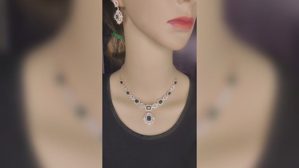 Emerald American Diamond Necklace Set - Rose Gold Jewelry for Women