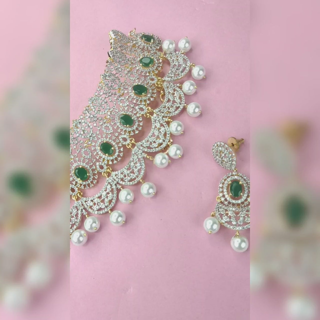 Magic Petals American Diamond Choker Set - Ruby Emerald Pearl Drops