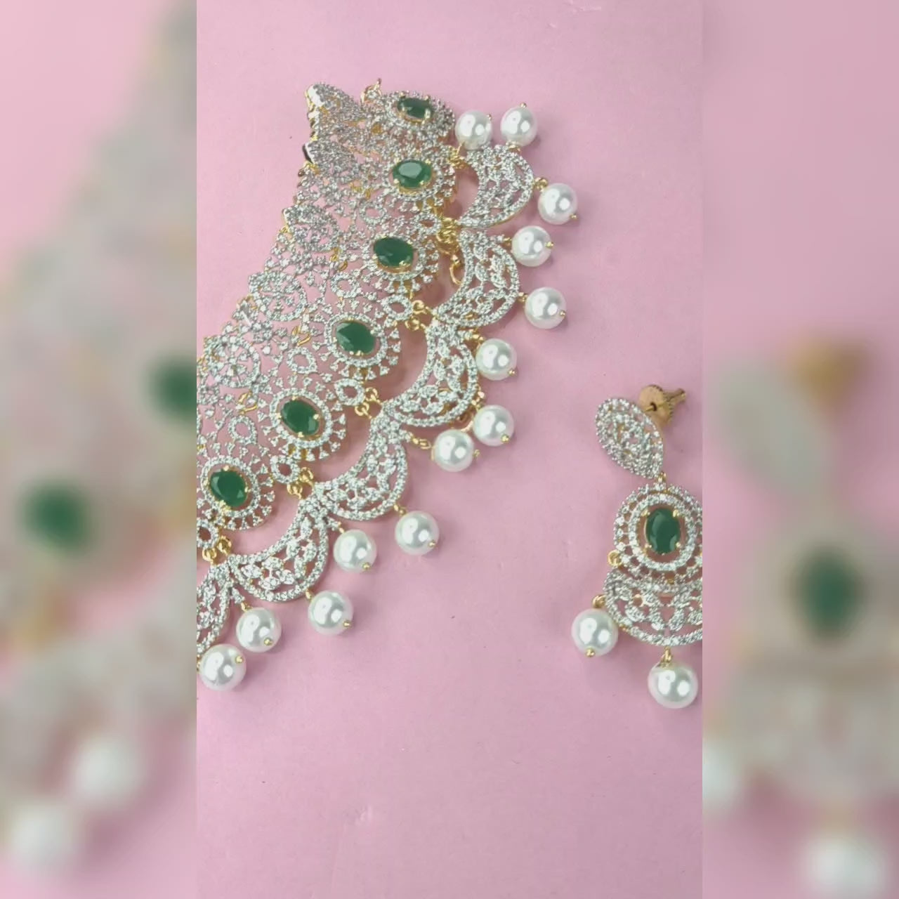 Magic Petals American Diamond Choker Set - Ruby Emerald Pearl Drops