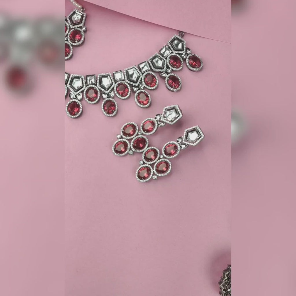 Victorian Moissanite Polki Necklace Set - Ruby Emerald Maang Teeka Wedding Jewelry