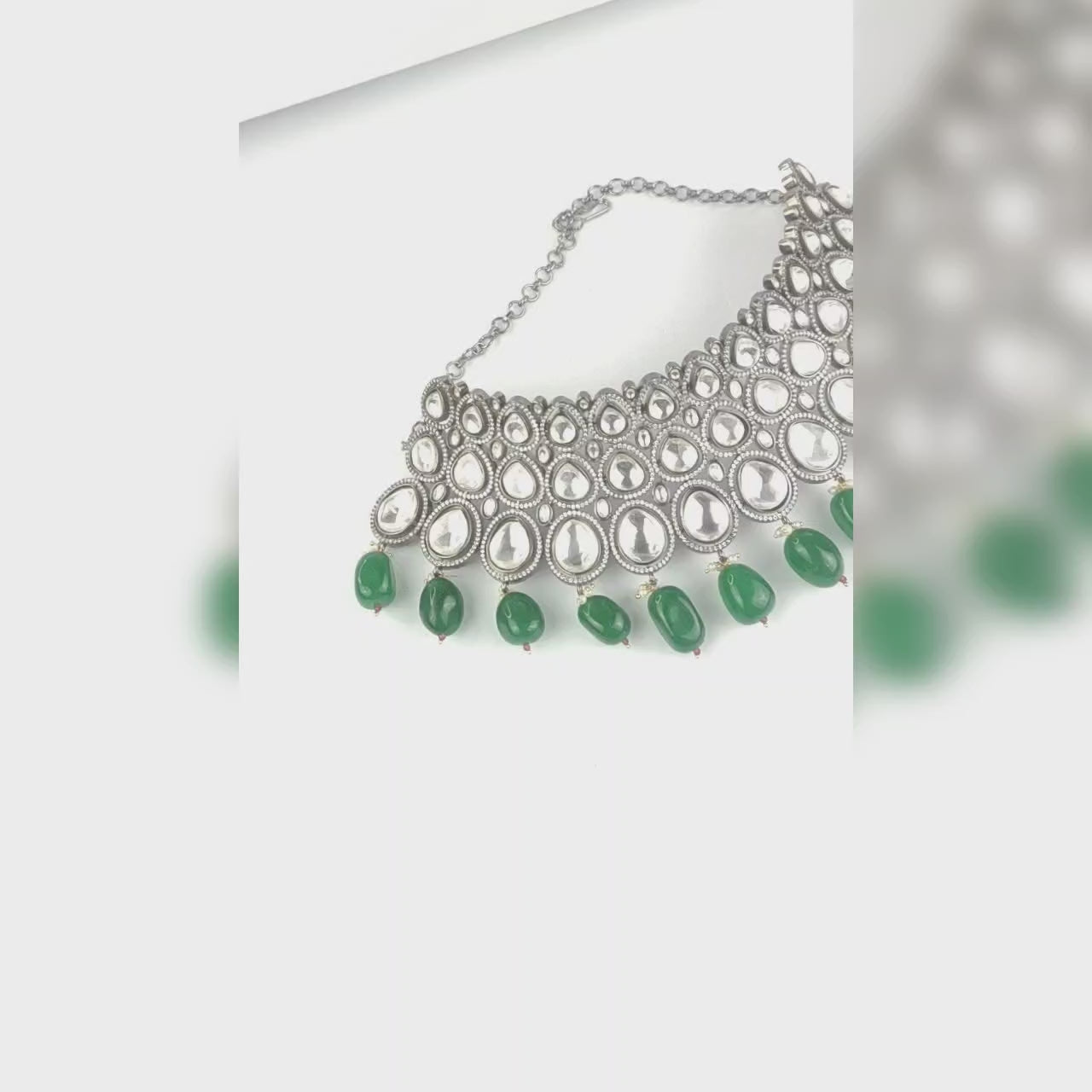 Moissanite Kundan American Diamond Choker Set with Emeralds - Victorian Finish