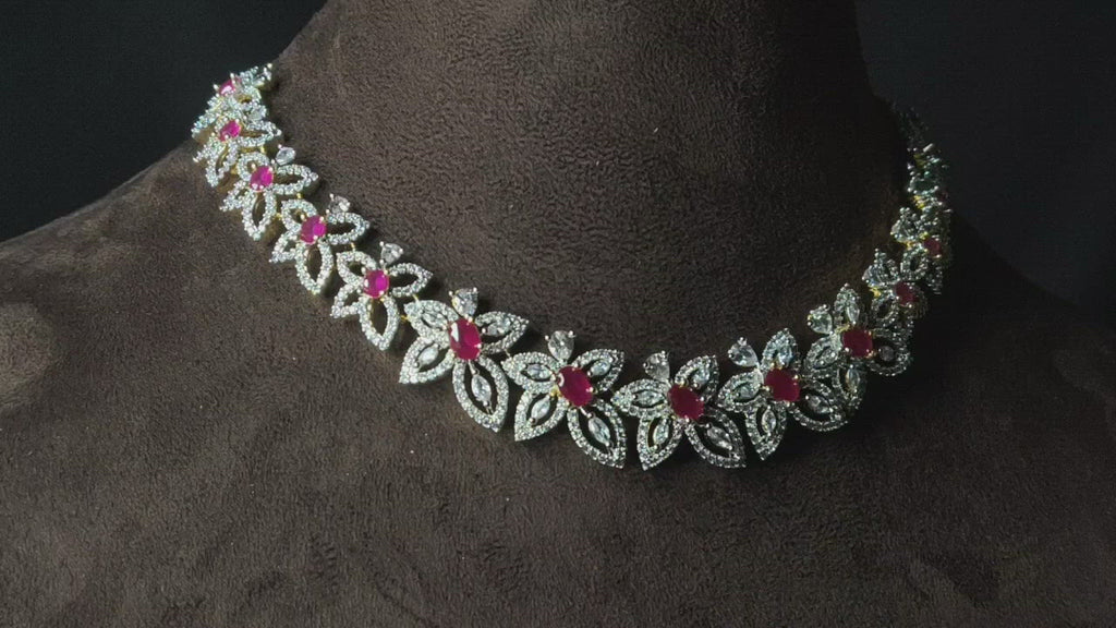 American Diamond Floral Necklace Set - Emerald Ruby Jewellery