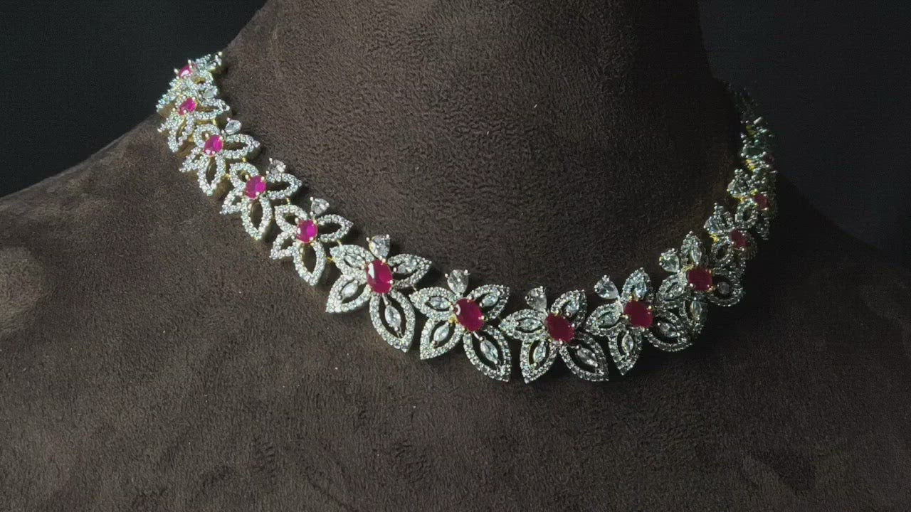 American Diamond Floral Necklace Set - Emerald Ruby Jewellery