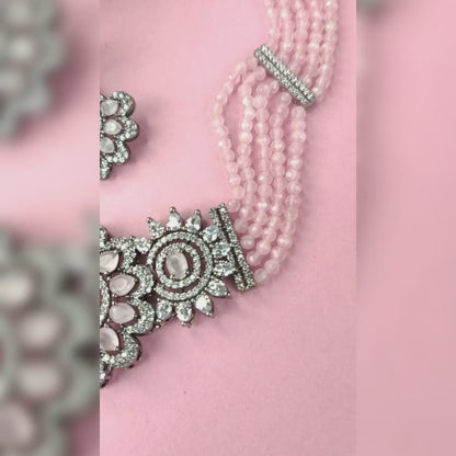 Pink beads choker with American diamond pendant By Asp Fashion Jewellery