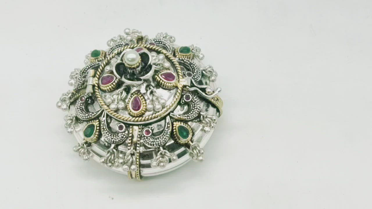 Pure Silver Plated Sindoor Dani - Ruby & Emerald Embellished Kumkum Box