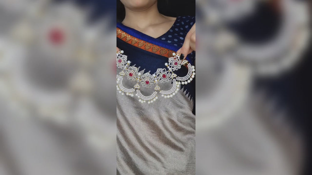 American Diamond Floral Necklace with Multilayer Chains and Pearls