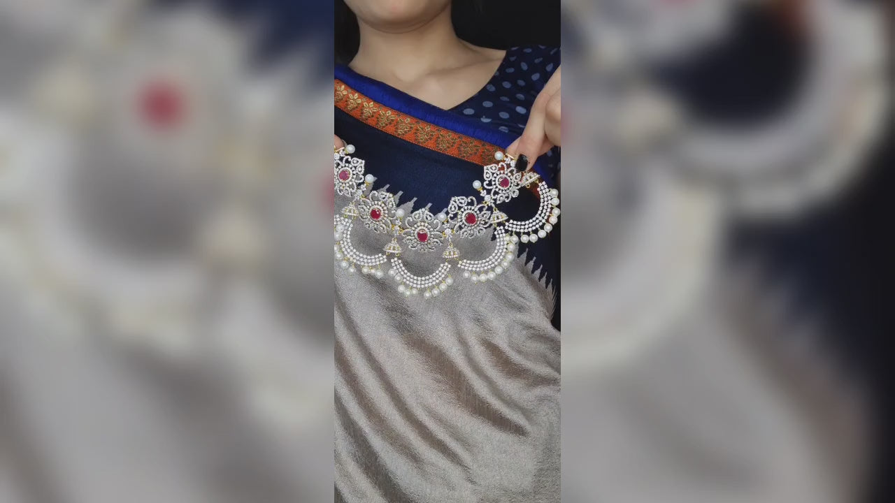 American Diamond Floral Necklace with Multilayer Chains and Pearls