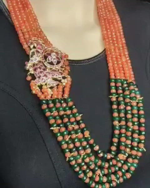 Kempu Side Brooch with Semi-Precious Beads Mala | One Gram Gold Necklace Set