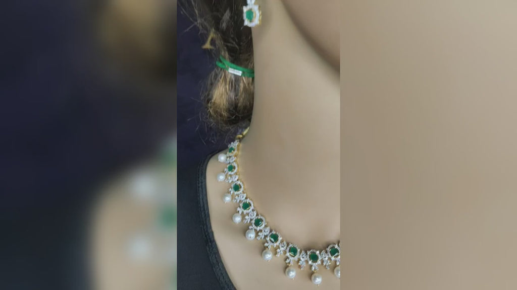 Graceful One Gram Gold Emerald Ruby American Diamond Necklace Set