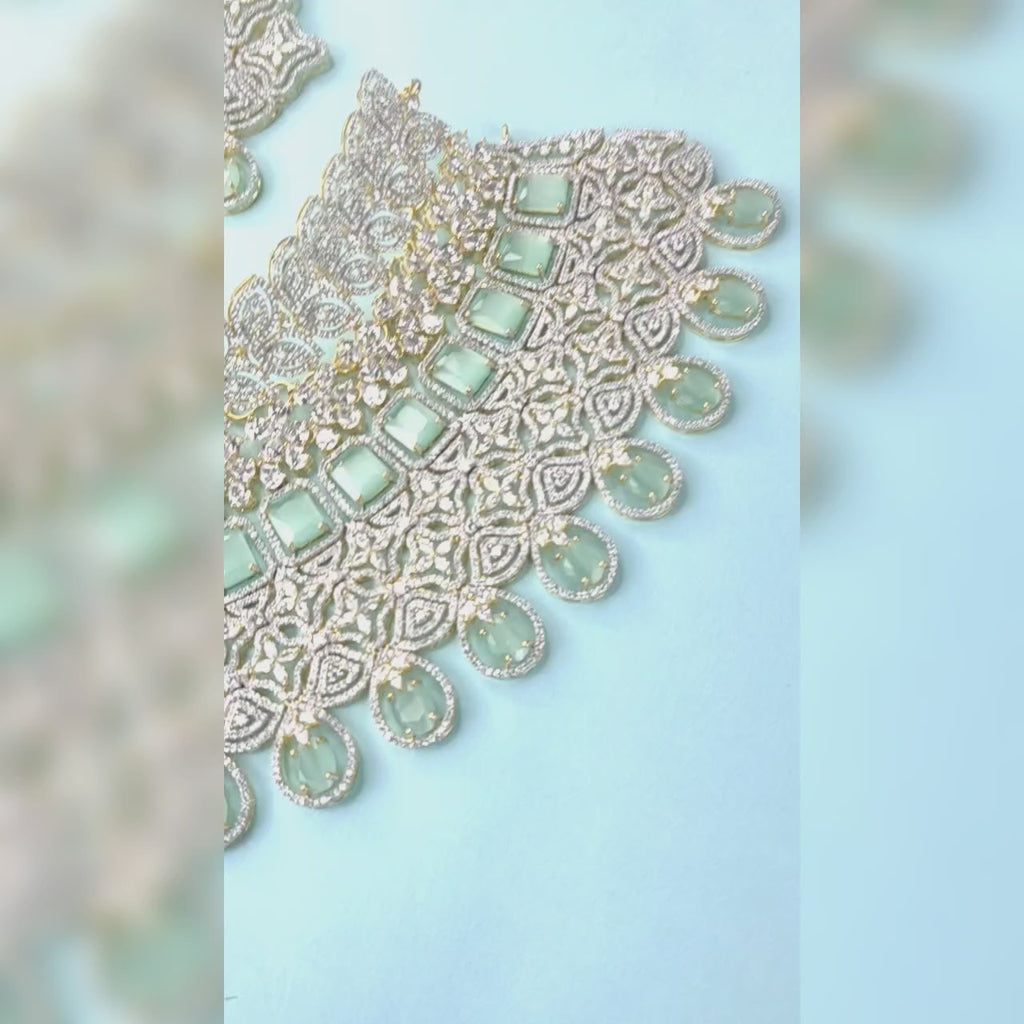 Pastel Green American Diamond Bridal Choker Set with Maang Tikka - 24K Gold