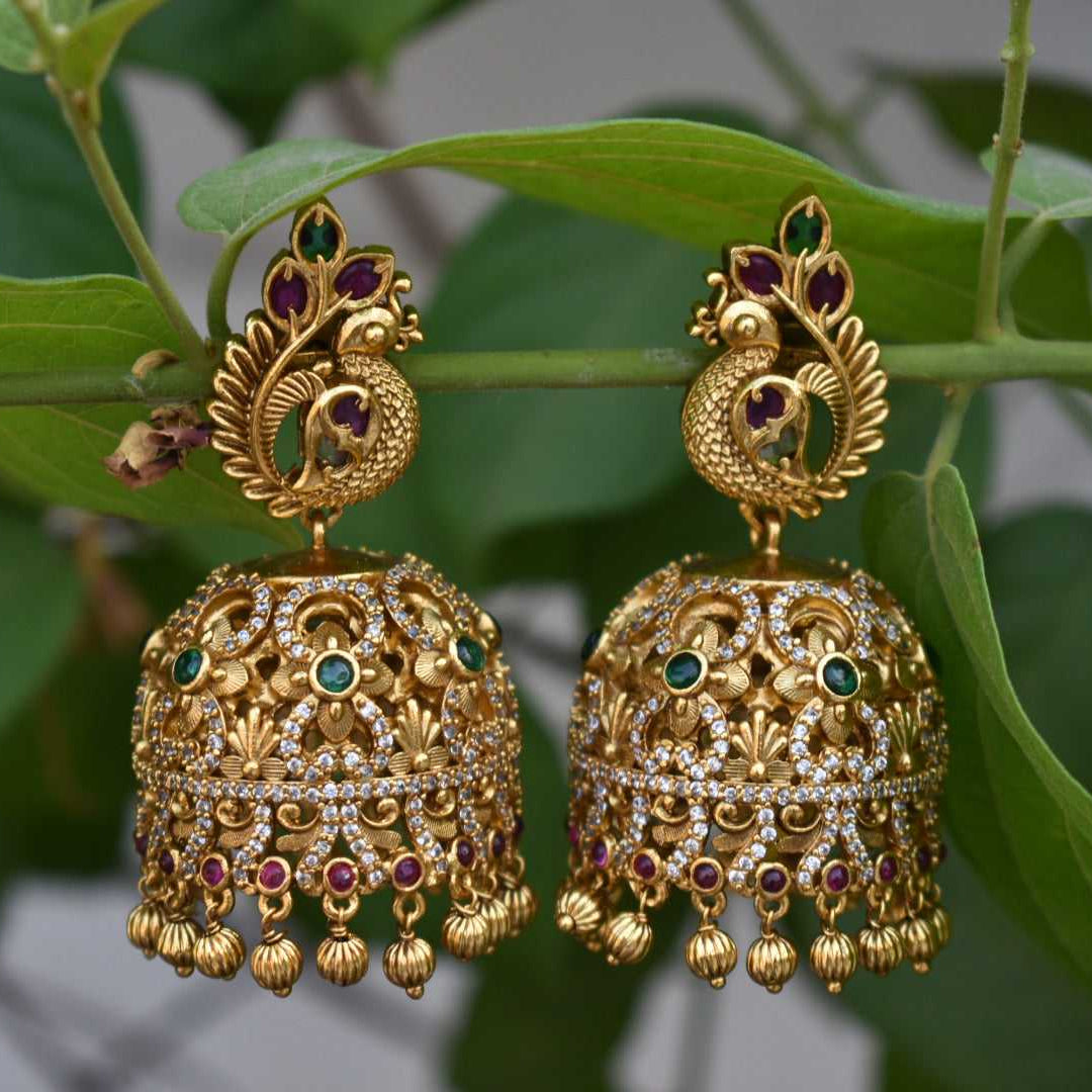 Antique Gold CZ Jhumka Earrings