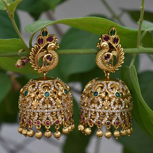Antique Gold CZ Jhumka Earrings