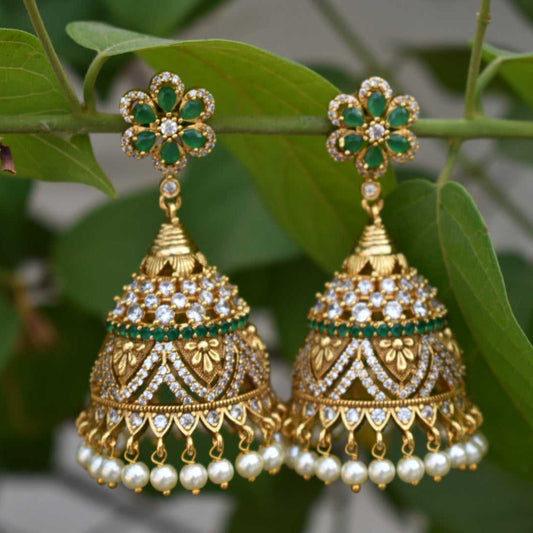 Antique Gold Floral CZ Jhumka Earrings