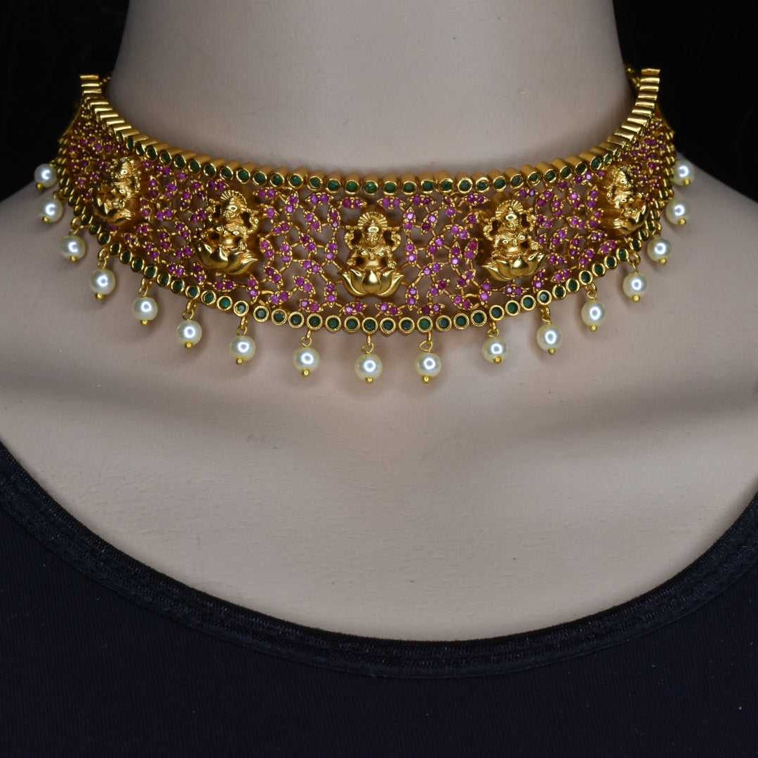 Antique Lakshmi Choker Set - 24K Gold Plated CZ Pearl Beaded Necklace