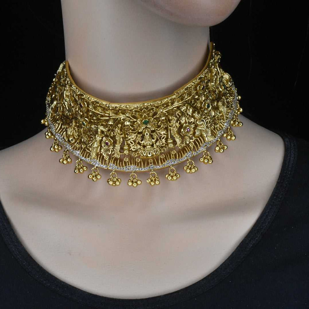 Antique Lakshmi Temple Choker with Nakshi Balls - 24K Gold Ruby Necklace