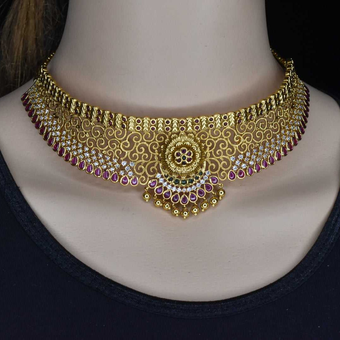 CZ Matte Choker Set with Jhumka Earrings - 24K Gold Plated Bridal Jewellery
